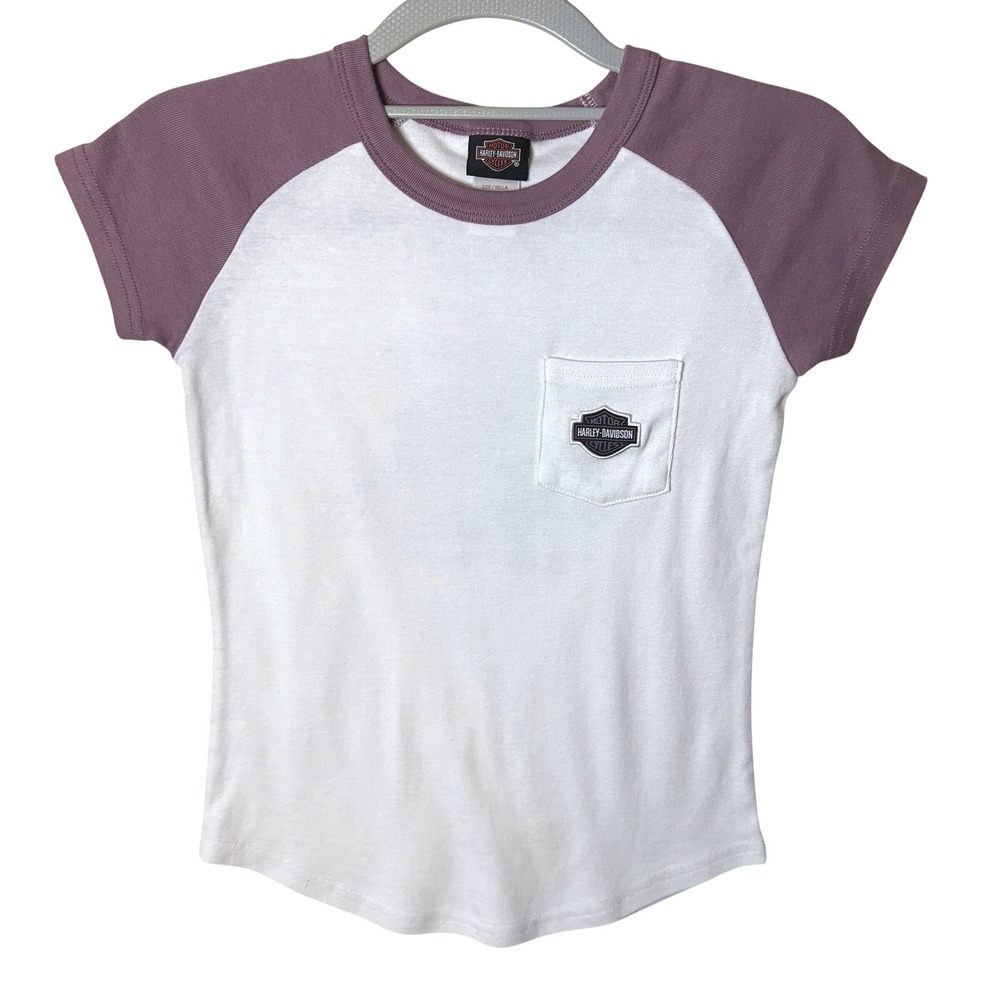Harley Davidson Raglan T-Shirt Girls 7/8 White Purple Graphic Pocket Tee Biker